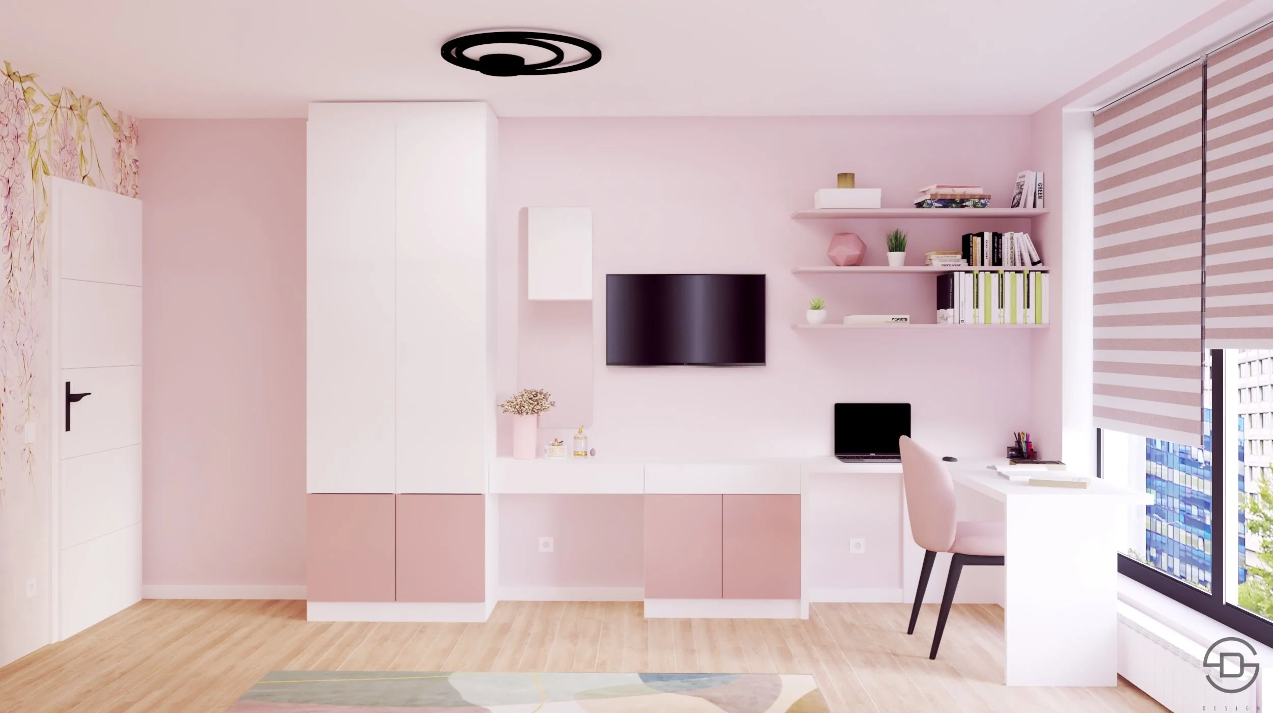 Детска стая за момиче в розово и бяло.