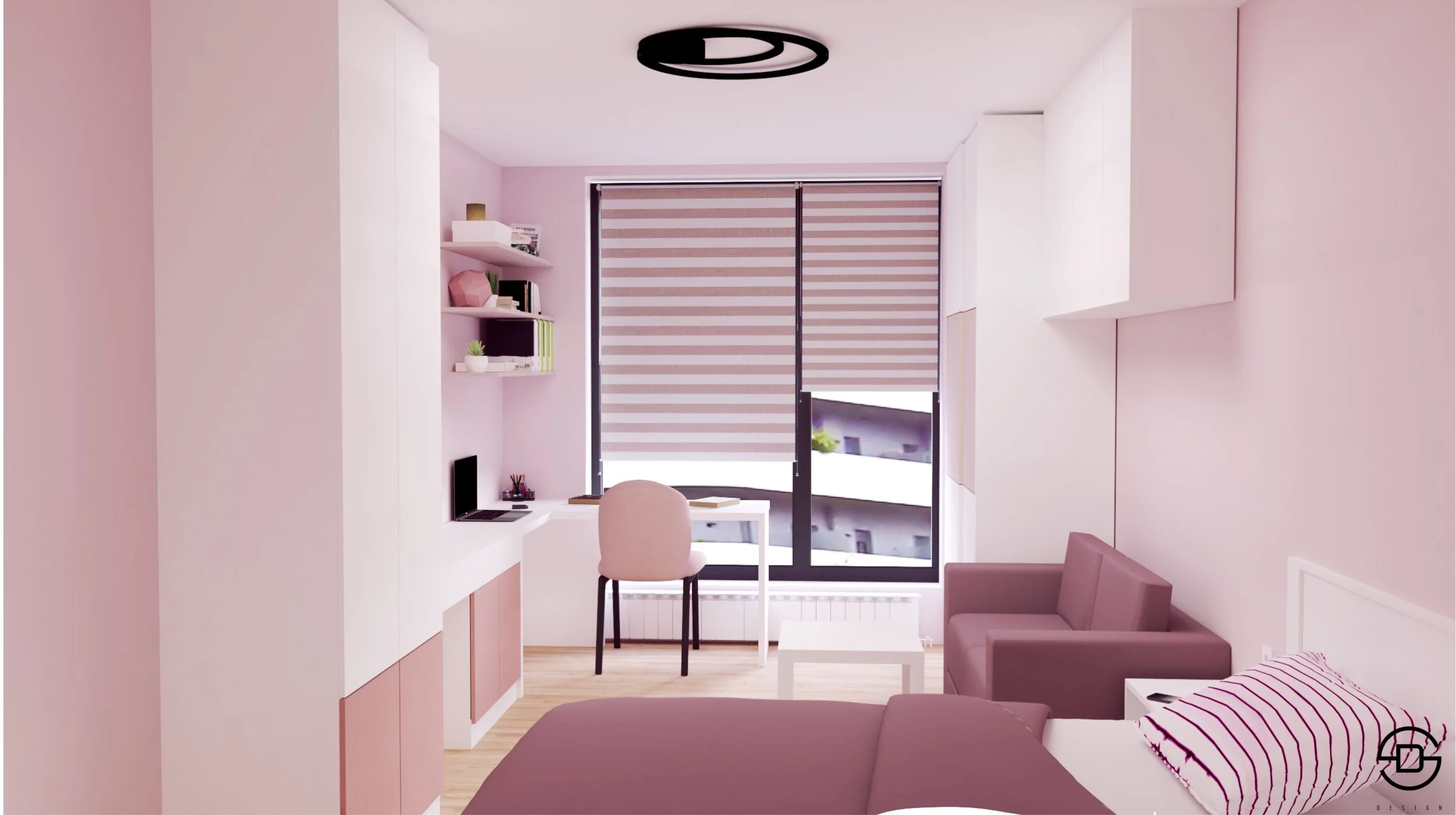 Детска стая за момиче в розово и бяло.