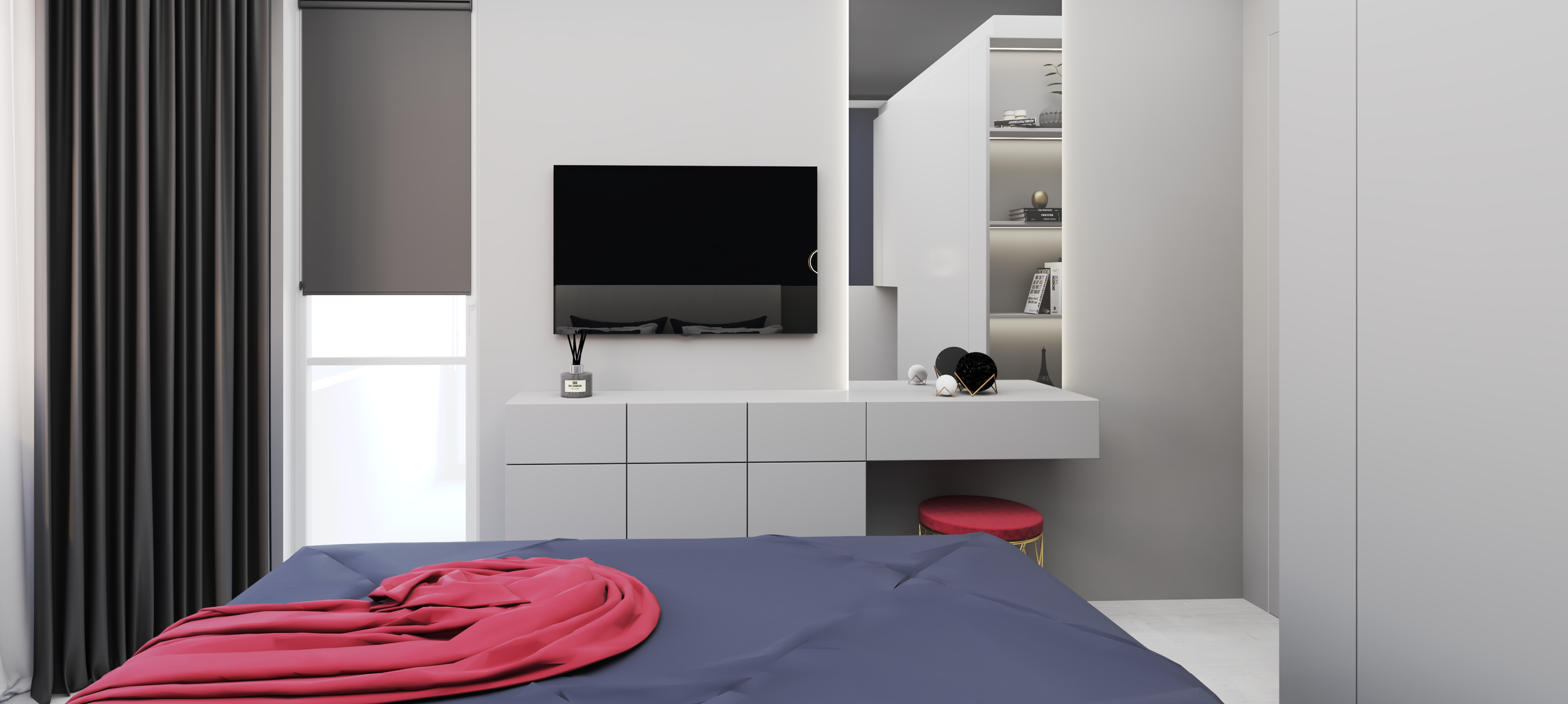 Спалня в сиво и синьо. Малка тоалетка с ТВ.