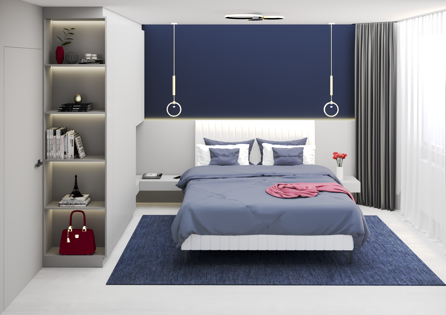 Спалня в сиво и синьо.