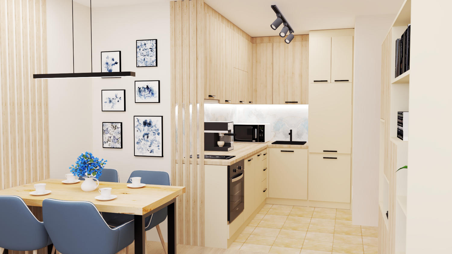 Модерна кухня в бежаво и светло дървесно с акцент синьо.