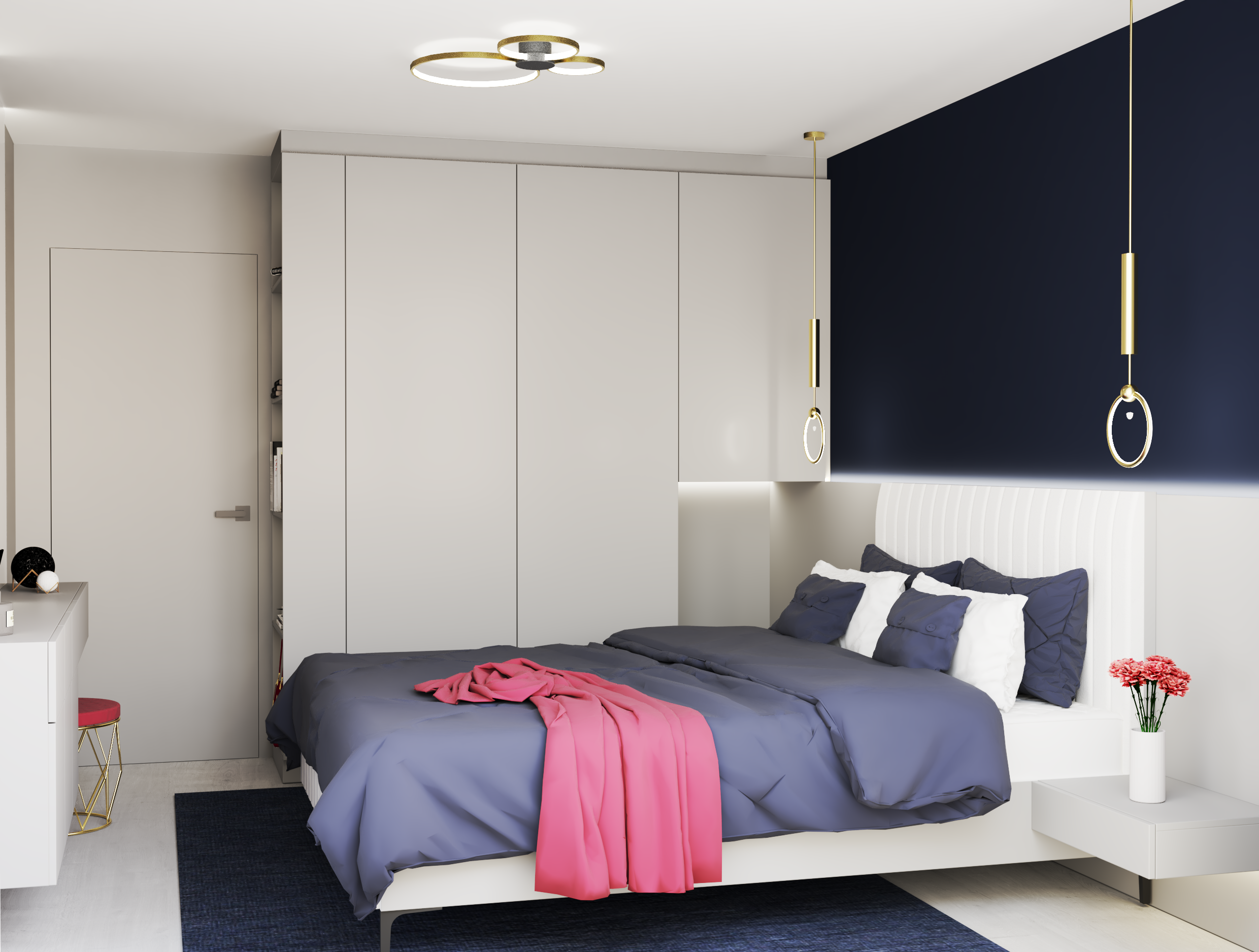 Спалня в сиво и синьо.