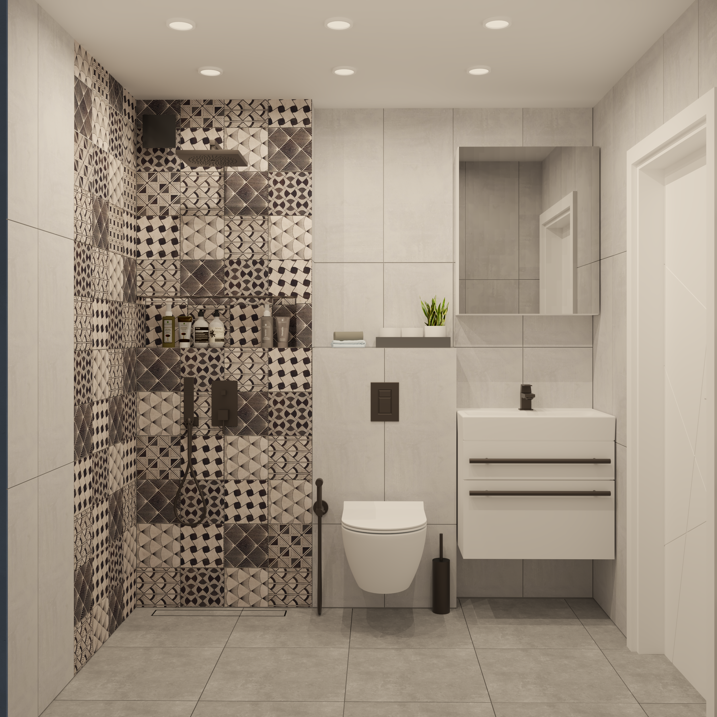 Баня в сиво с акцентни испански плочки в душ пространството.