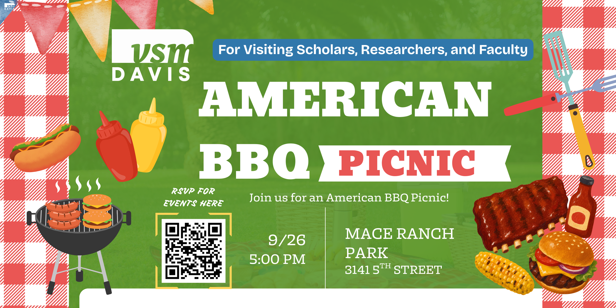 An invitation for an American BBQ picnic with a red and white checkered border, featuring illustrations of hot dogs, hamburgers, sausages on a grill, mustard and ketchup bottles, ribs, corn, and condiments, with a green background.