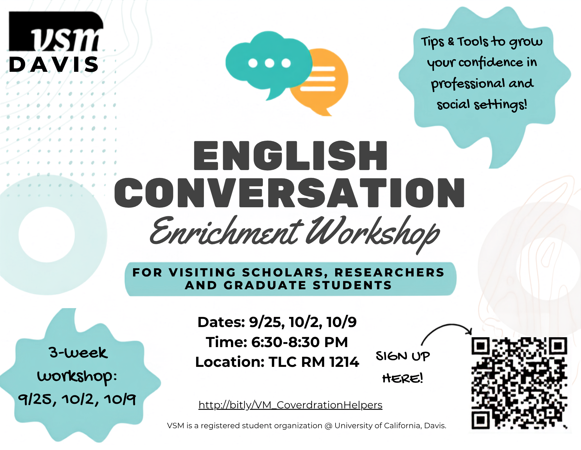 Flyer for an English conversation enrichment workshop hosted by USM Davis. The workshop is scheduled for September 25, October 2, and October 9 from 6:30 to 8:30 PM at TLC RM 1214. It provides tips and tools for professional and social confidence, targeting visiting scholars, researchers, and graduate students. The flyer includes a QR code for sign-up and a shortened link, with decorative speech bubbles and abstract shapes in blue, orange, and black.