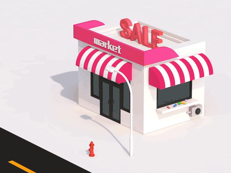 A small market building with pink and white striped awnings, a sale sign on the roof, and colorful chalk on a window ledge.