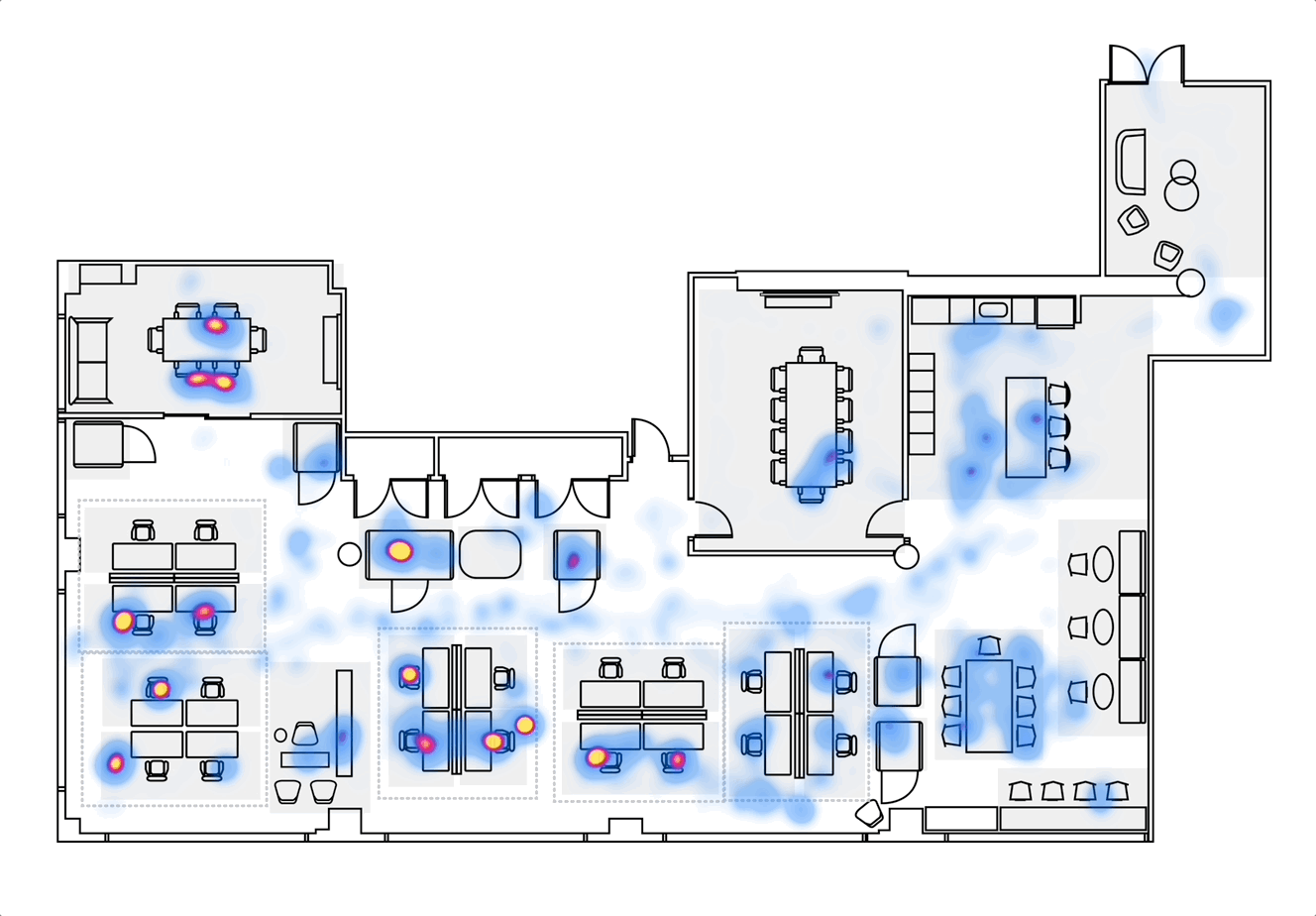 Floor plan with blue heatmap overlay showing activity or interest hotspots in various rooms, including a conference room, lounge, kitchen, and dining area.