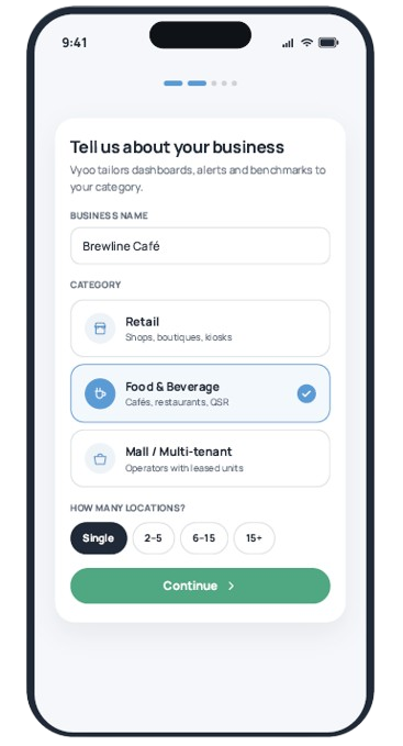 Mobile app screen showing a form to add business details, with fields for business name, category selected as Food & Beverage, and number of locations set to Single.