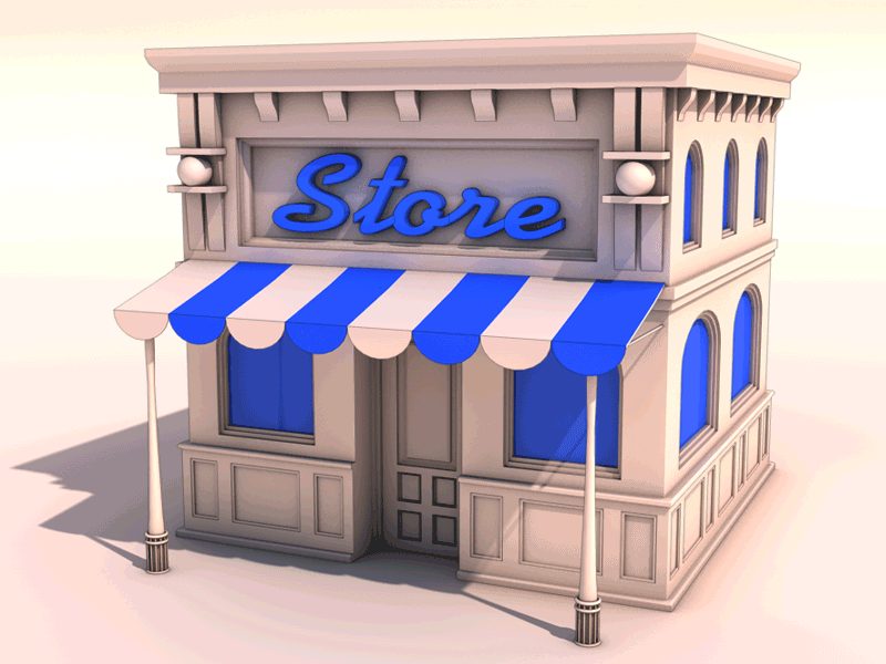 A small storefront building with a blue and white striped awning, blue window panes, and a sign that says 'Store' in blue cursive lettering.