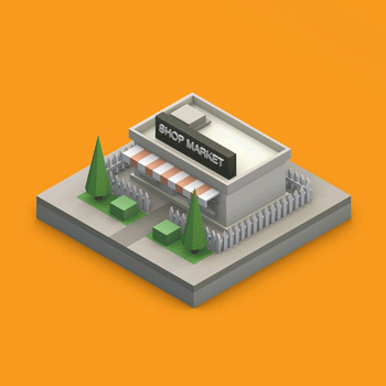Isometric illustration of a small shopping market building with striped awnings and a sign reading 'Shop Market,' surrounded by trees and bushes on a gray base with an orange background.