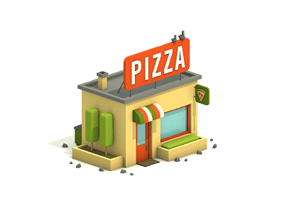 Small pizza shop with a large 'PIZZA' sign on the roof, green trees, an awning over the door, and a small pizza icon on the wall.