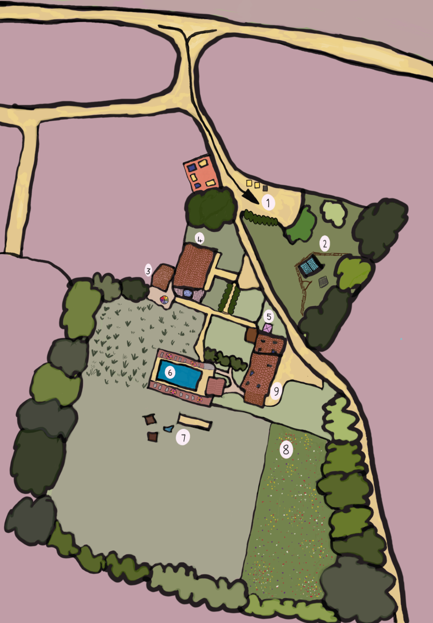 an illustrated birdseye view of the gites with numbers 1 to 9