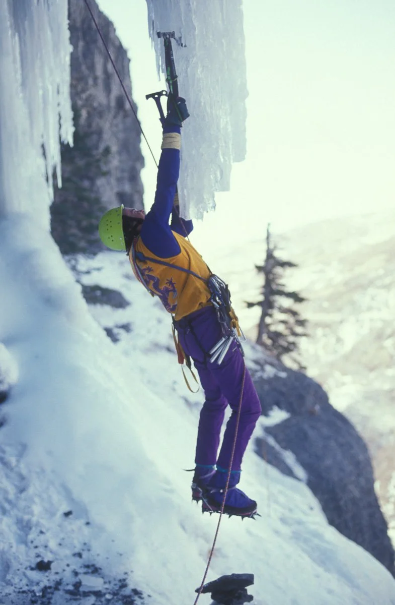 January 1992: Alex Lowe during the first ascent of “Prophet on a Stick”, which is a variant to pitch two three (depending how you count) on Provo Canyon’s “Stairway to Heaven”. I’d done the free-hanging version of “Post Nasal Drip (“Snotty-Nosed Brat