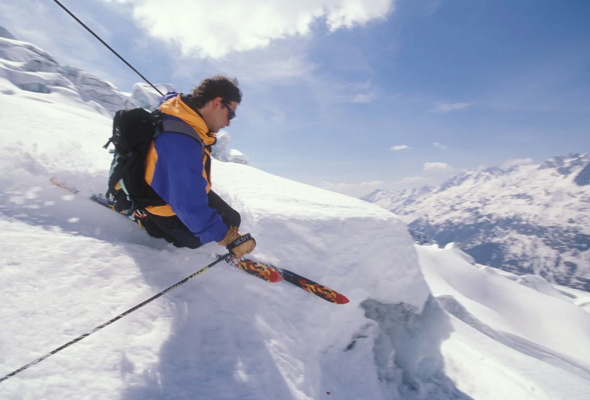 Spring 1998: Bernie Bernthal on the Glacier du Tour. I was in Chamonix to shoot pictures for a client and managed to get a day of touring with Bernie, Mike Hattrup and Bob Mazarei. Looking back, the skis seem really narrow and the heels decidedly fre