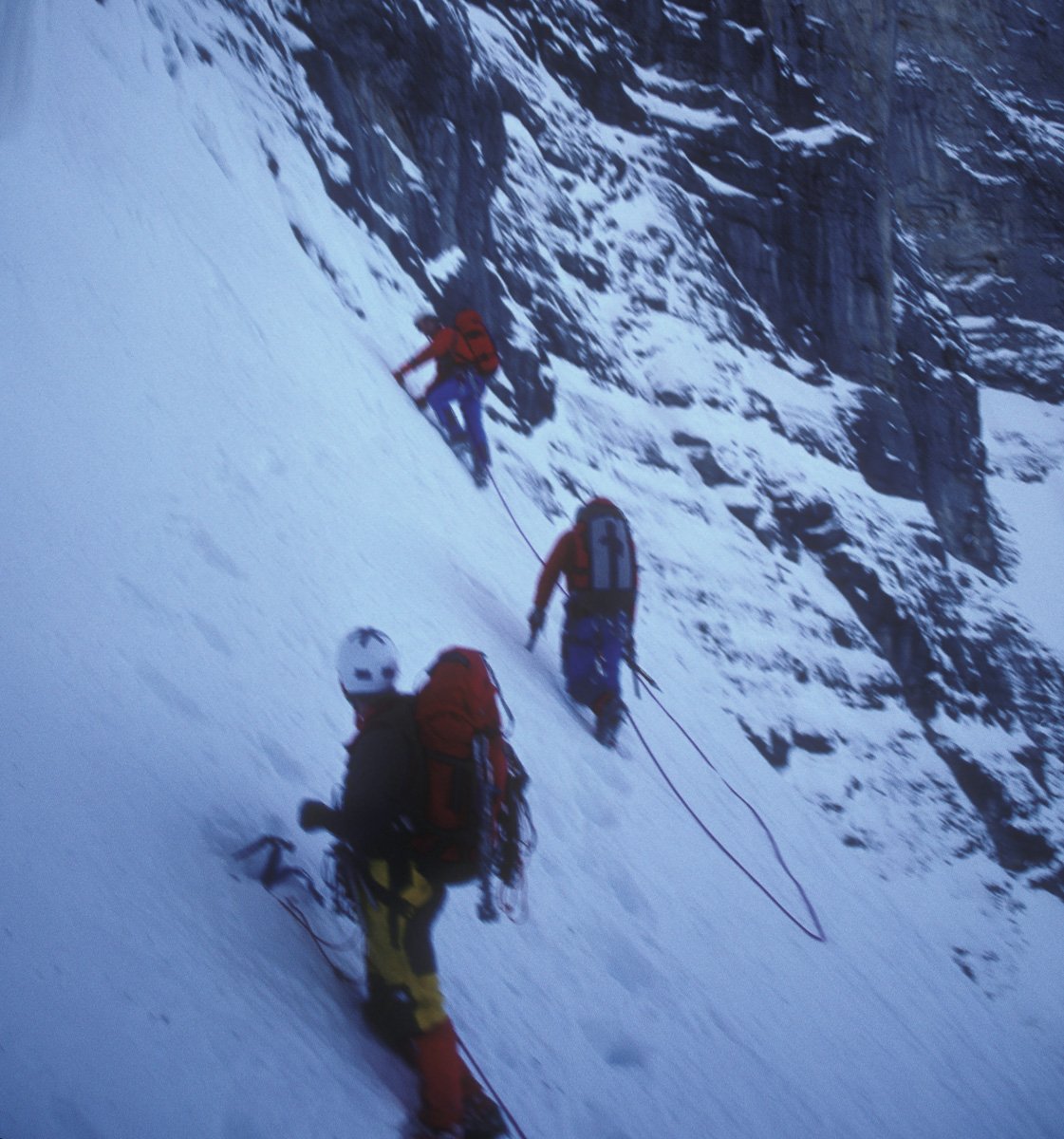 While Jon Krakauer and I were retreating from the north face of the Eiger in 1984 we crossed paths with Christophe Profit and Sylviane Tavernier. It was the first time I ever saw anyone short-roping. It looked dangerous. I had no idea that it was one