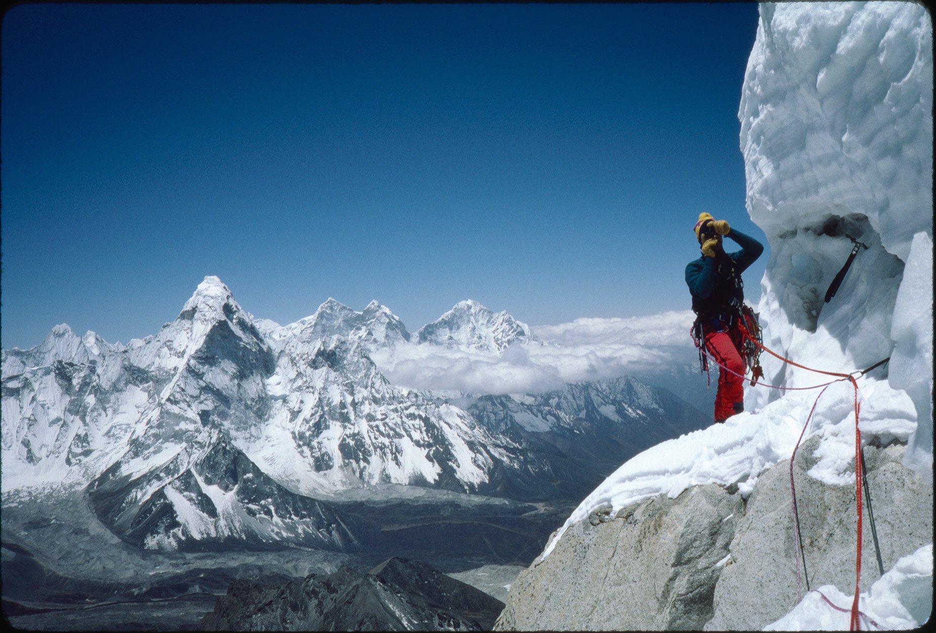 May 1986: Jeff Lowe on the south pillar of Nuptse. We tried real hard on two different trips to climb it and made these attempts in pure alpine style. Later some folks (Enrico Rosso among them) made good attempts that respected the style we originall