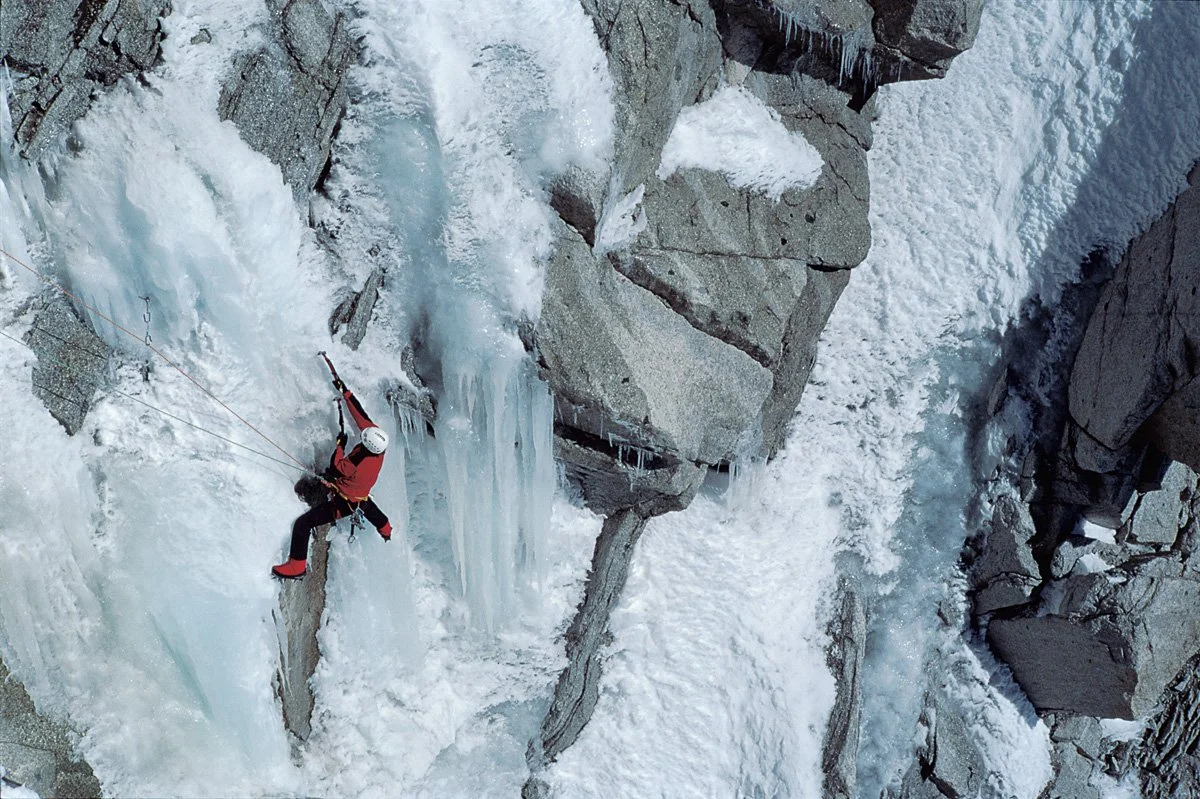 April 1998: Christophe Beaudoin in the "Poop Chute" on the south face of the Aiguille du Midi. I was shooting for a client and testing my Nikon F5 with a f2.8 20-35mm zoom against a Leica M6 with 28mm lens. Until I owned one, I always thought the Lei