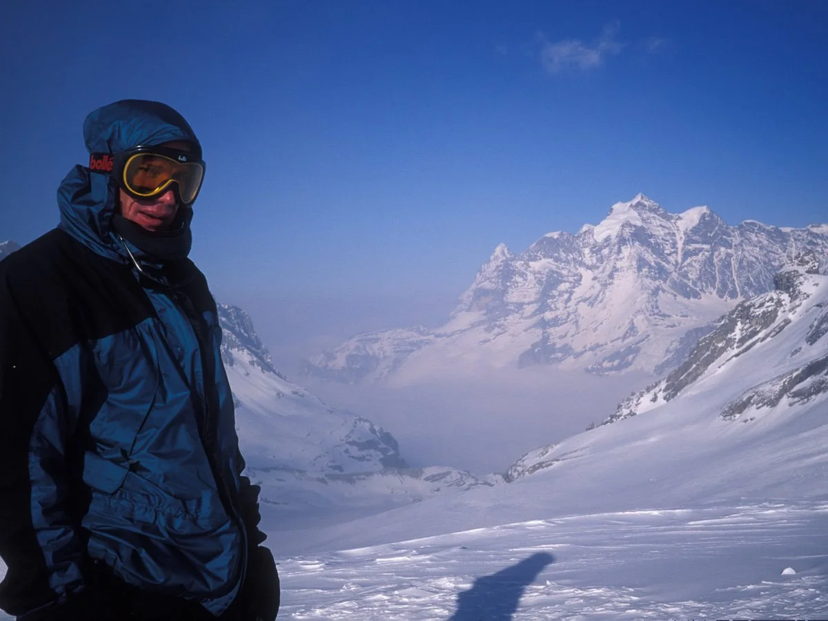 March 1996: Tad Linn scouting terrain between the Matterhorn and the Eiger during the preparation to link the three great north faces using bikes and skis. Getting from one face to the next wasn't obvious so we had to rehearse. On this day we began i