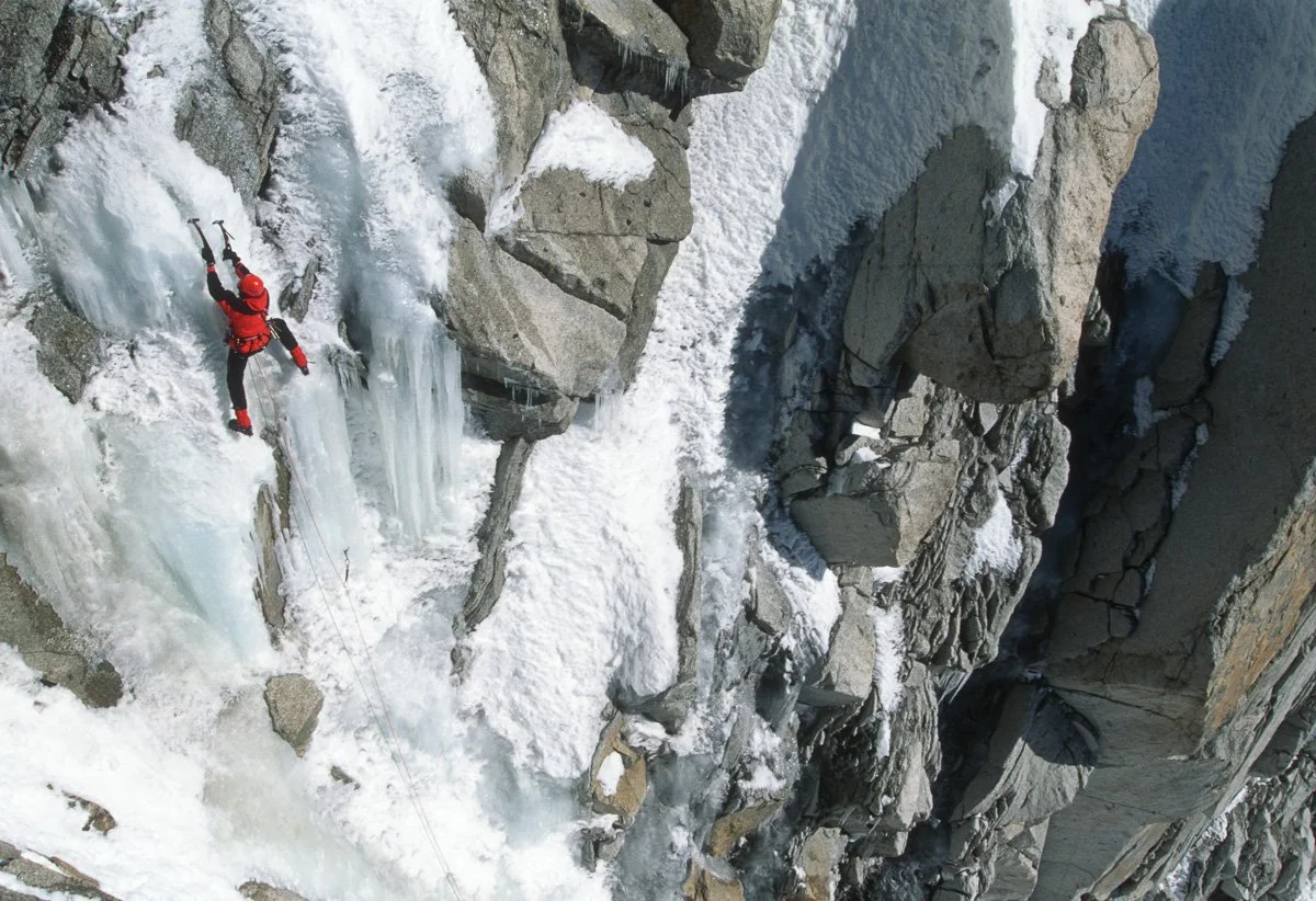 April 1998: Francois Marsigny in the "Poop Chute" on the south face of the Aiguille du Midi. I was in Chamonix to shoot some pictures for a catalog client and to test my Nikon F5 with a f2.8 20-35mm zoom against a Leica M6 with 28mm lens. This one wa
