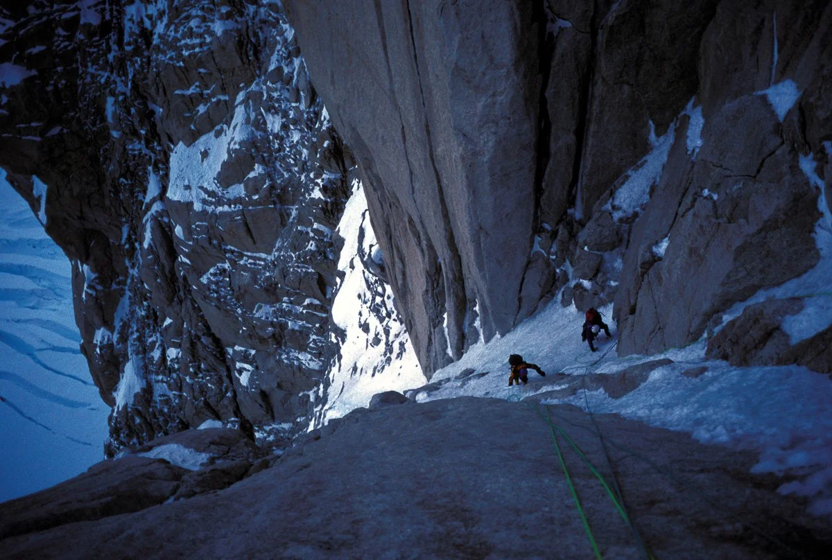 June 2000: Looking down the ice ramp Scott Backes, Steve House and I used to bypass the headwall during our 60-hour single push ascent of the Slovak Direct. It’s close to midnight, 18 hours into the first “day”.