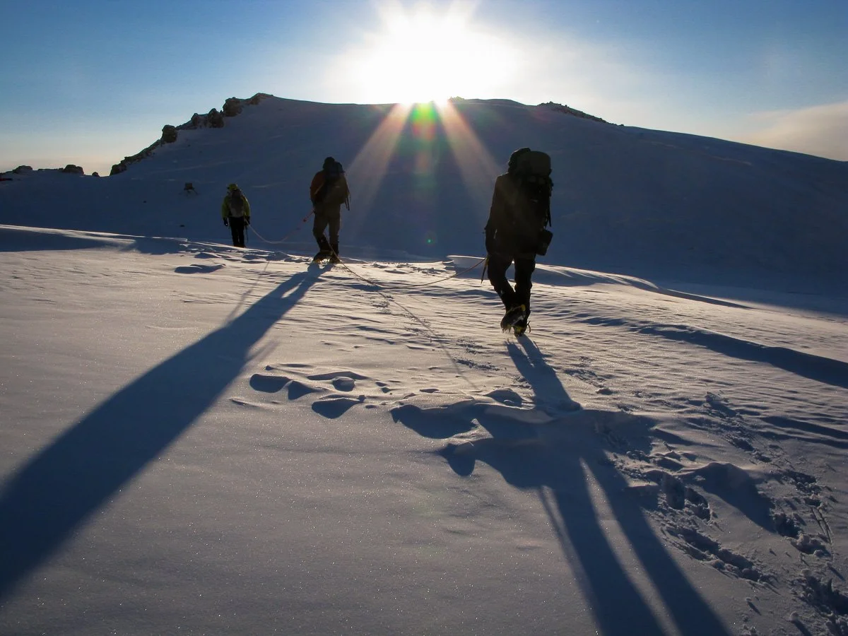 Walking out of the 17,000-foot camp into an incredible sunset. Colors and textures were enriched by fatigue and a sense of accomplishment but also by the requirement for complete attention to detail for another couple of hours.