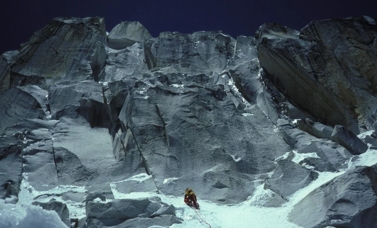 May 1986: Jeff Lowe approaching one of the steeper rock bands on day four of our pre-monsoon attempt on the south pillar of Nuptse. I aided half of a rope length on KBs, small wires, and a RURP or two (we called it old A4). We bypassed the aid on ice