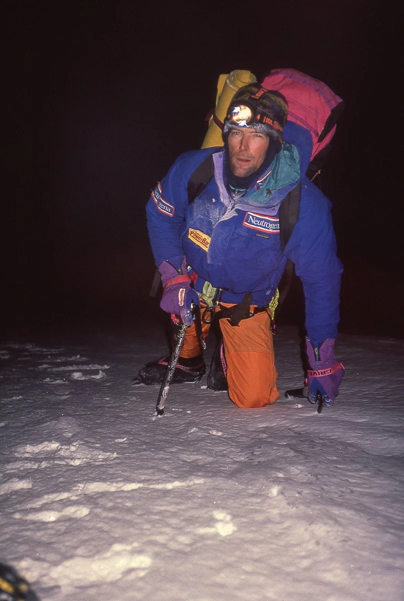January 1991: Tchouky and I left our tent at 7pm. The full moon allowed us to move without headlamps. Ace and John waited in the tent listening to the walkie-talkie. By 2am we stood half way up the face. We had climbed above the windbreak provided by