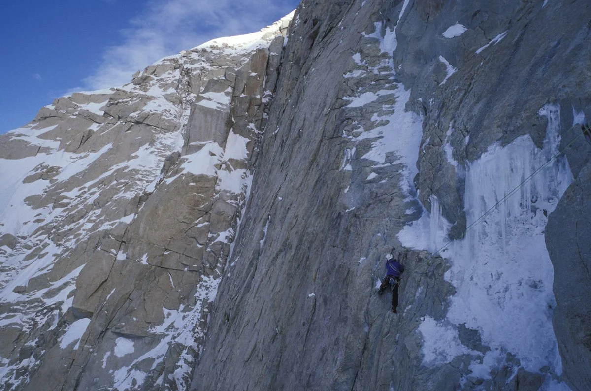June 2000: Steve House traversing above “The Shield” on the Slovak Direct. We were trying to connect the dots on the south face of Denali, and the exposure at this point, 5000’ up the face, was exceptional.