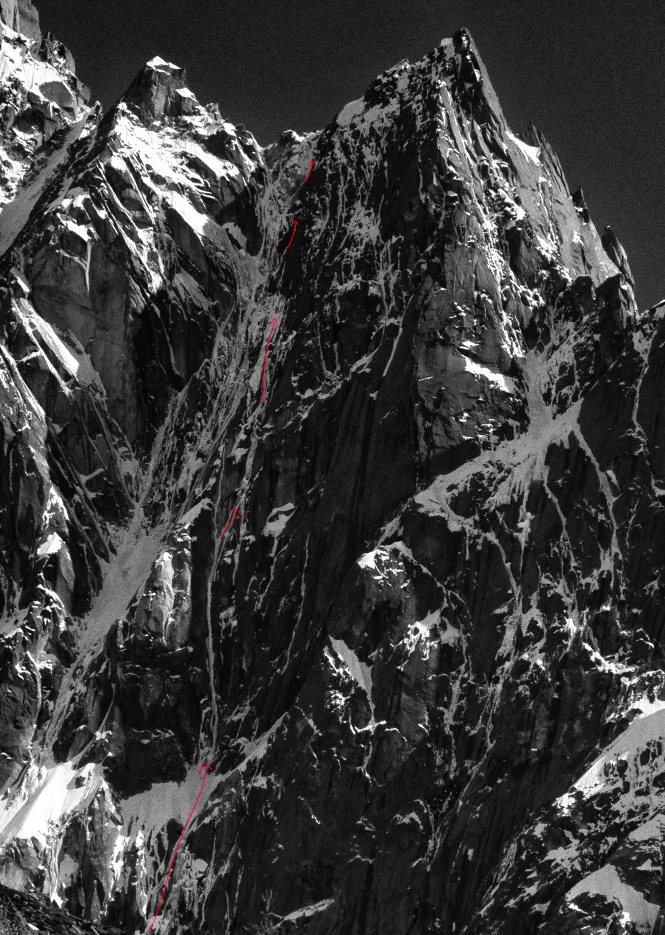 North face of the Aiguille des Pelerins with "Beyond Good and Evil" shown