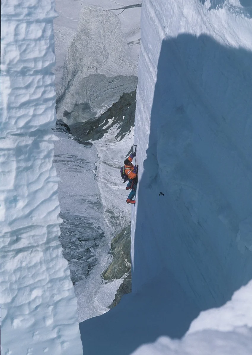 June 1992: Soloing on one of the scariest seracs I have ever climbed. Though steep the climbing wasn’t hard but due to the heat the exit was soft, slushy, and insecure. Though not obvious the exposure is huge, about 3000’ to the glacier below. The se