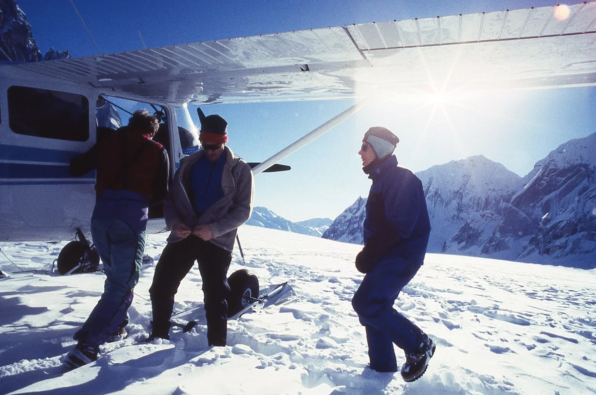 March 1998: Paul Roderick from Talkeetna Air Taxi delivering Jonny Blitz, Steve House and I to the Ruth Glacier where we went looking for the ephemeral ice lines we hoped would be there. After some hit and miss we eventually made the first ascent of
