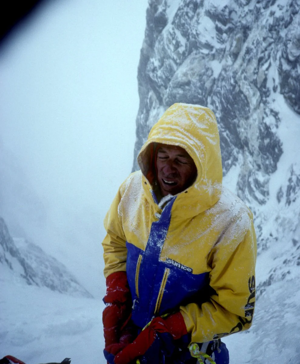 July 1988: Ward Robinson in the Merkl Gully on Nanga Parbat. He wasn't well-acclimated when we began climbing so the higher we climbed the sicker he got. On this day -- the 5th -- we got as close to the top as we would but the storm, his illness, and