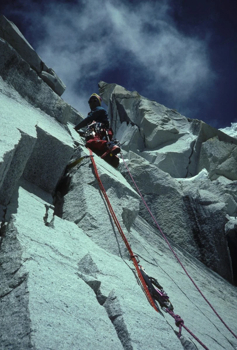 May 1986: Jeff Lowe climbing during the sixth day of our pre-monsoon attempt on the south pillar of Nuptse. The following day a storm shut us down, which preceded an entertaining exercise in gear conservation as it took 48 rappels to reach the base o