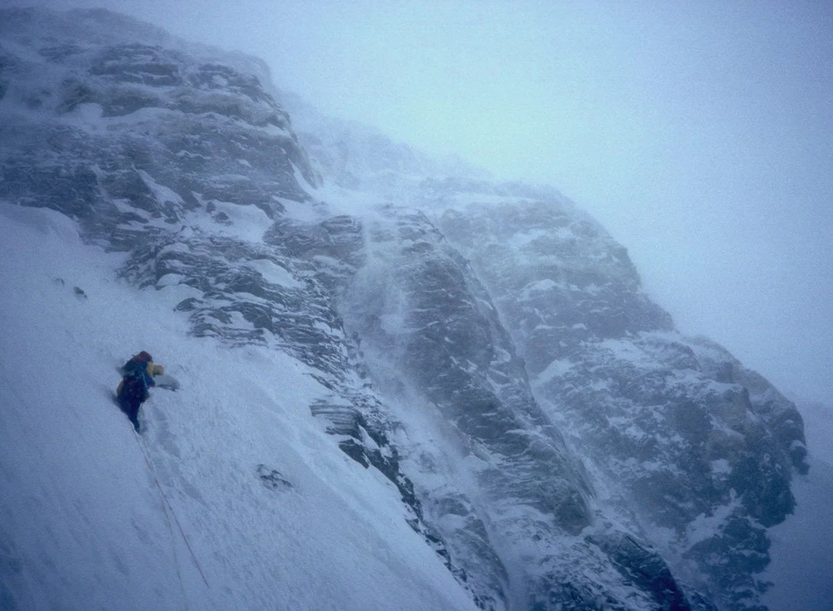 July 1988: Kevin Doyle and Barry Blanchard trying to find snow deep enough to dig a cave high in the Merkl Gully on the Rupal Face. We were about 1200’ below the summit of Nanga Parbat, thus 13,000’ up the biggest face in the world. We couldn’t get a