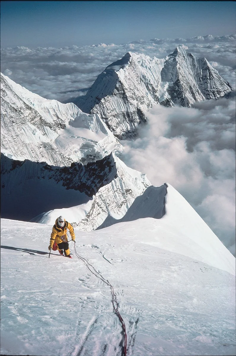 May 1986: Alison Hargreaves approaching the summit of Kangtega (6782m) on day nine of our ascent. Earlier in the day Jeff Lowe and Tom Frost had climbed the northwest summit and began the descent toward base camp. Alison and I snapped a few pictures