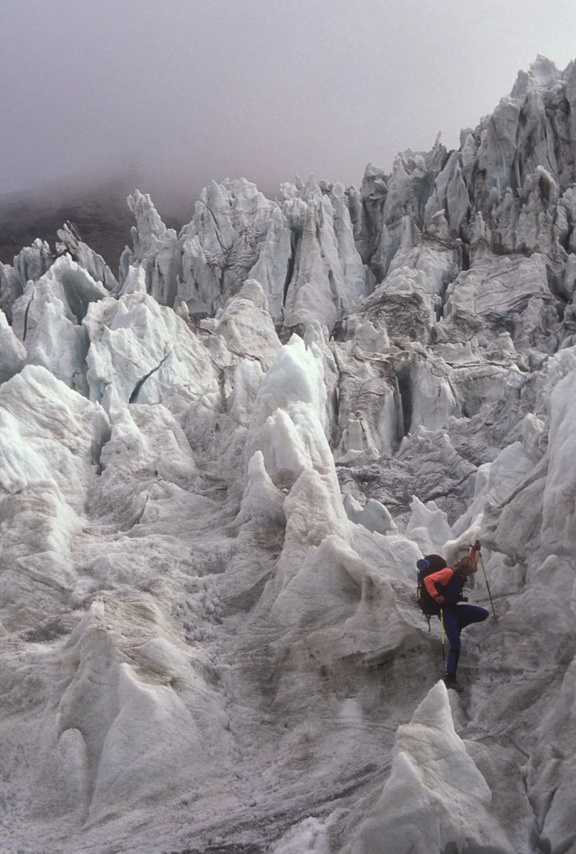 Ace Kvale in the maze below Peak Korjenyevska in the Pamirs. After a complicated approach and a great bivouac bad weather turned us back - while our tough Russian companions continued up the nearby Romanov Pillar.