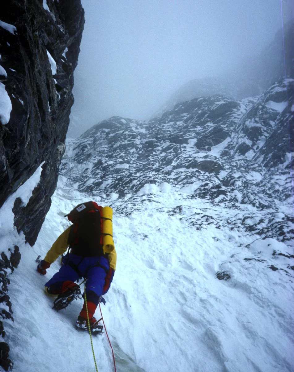 July 1988: Ward Robinson leading in the Merkl Gully on Nanga Parbat. The storm that nearly killed us was apparent in every photo taken on the fifth day but none of us recognized it for what it was at the time, or we were way too invested in our effor