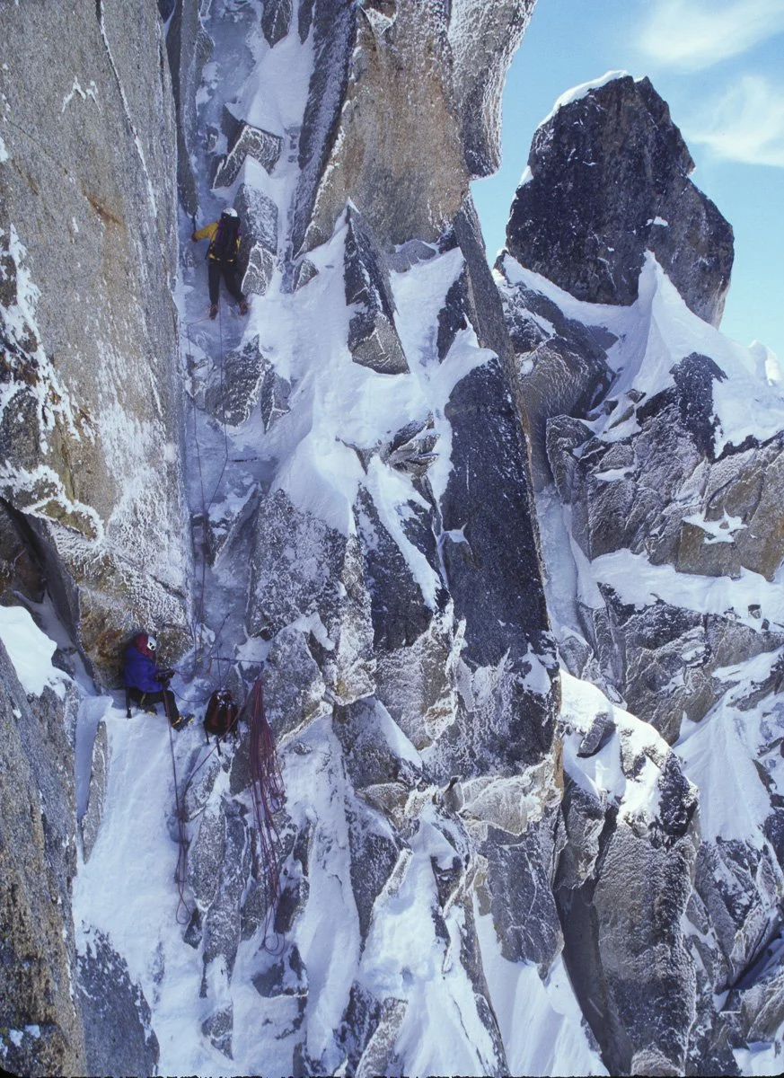 April 1998: Nancy Feagin and I went to Chamonix with photographer Jim Martin to shoot the instructional pictures that illustrate the book, Extreme Alpinism. Desnivel magazine used this one on the cover of the issue announcing the book’s publication i
