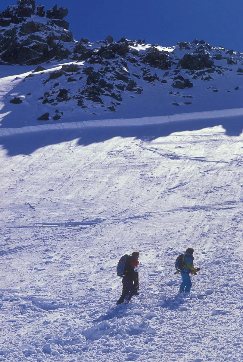 Bjorn Andersen and Michel Fauquet wishing they had a spare set of underwear but happy to have avoided the big ride. Bjorn cut the slab, Tchouky (Michel) and I took one for the team. I came out on top. He skied deeper into the slide, was partially bur