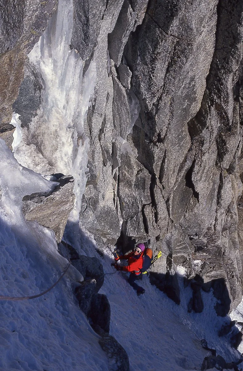 1989: Anne Smith high on the Gabarrou-Steiner route, southeast face of Mont Maudit. The 1981 route was described in Mountain as the “South Face of the North Shoulder”. I believe ours was the first winter ascent, and a consolation after getting scared