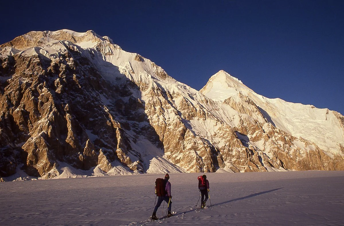January 1991: Alexey Shustrov and Michel Fauquet below Peak Chapayev on a reconnaissance to the south face of Khan-Tengri (7010m) in the Tien Shan range.