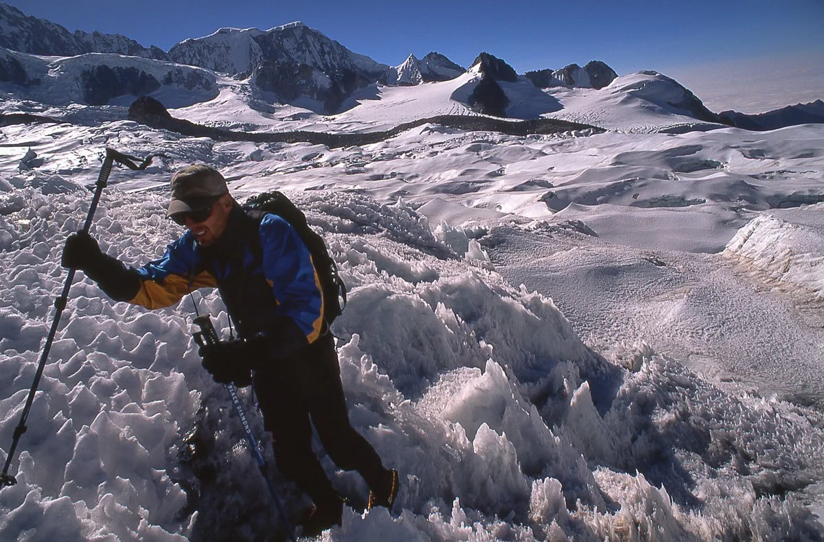 1996: Scott Backes navigating the unusual snow features that could make travel in Bolivia fairly time-consuming some days.