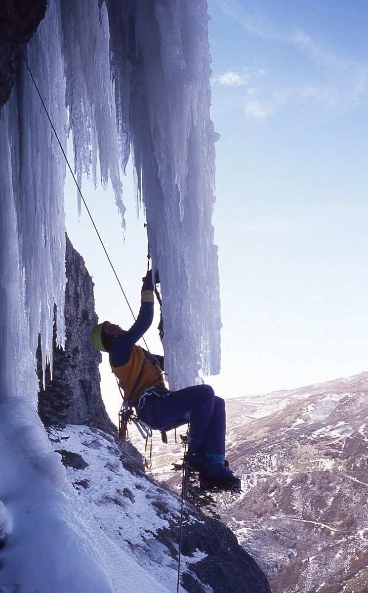January 1992: Alex Lowe during the first ascent of “Prophet on a Stick”, which is a variant to pitch two three (depending how you count) on Provo Canyon’s “Stairway to Heaven”. I’d done the free-hanging version of “Post Nasal Drip (“Snotty-Nosed Brat