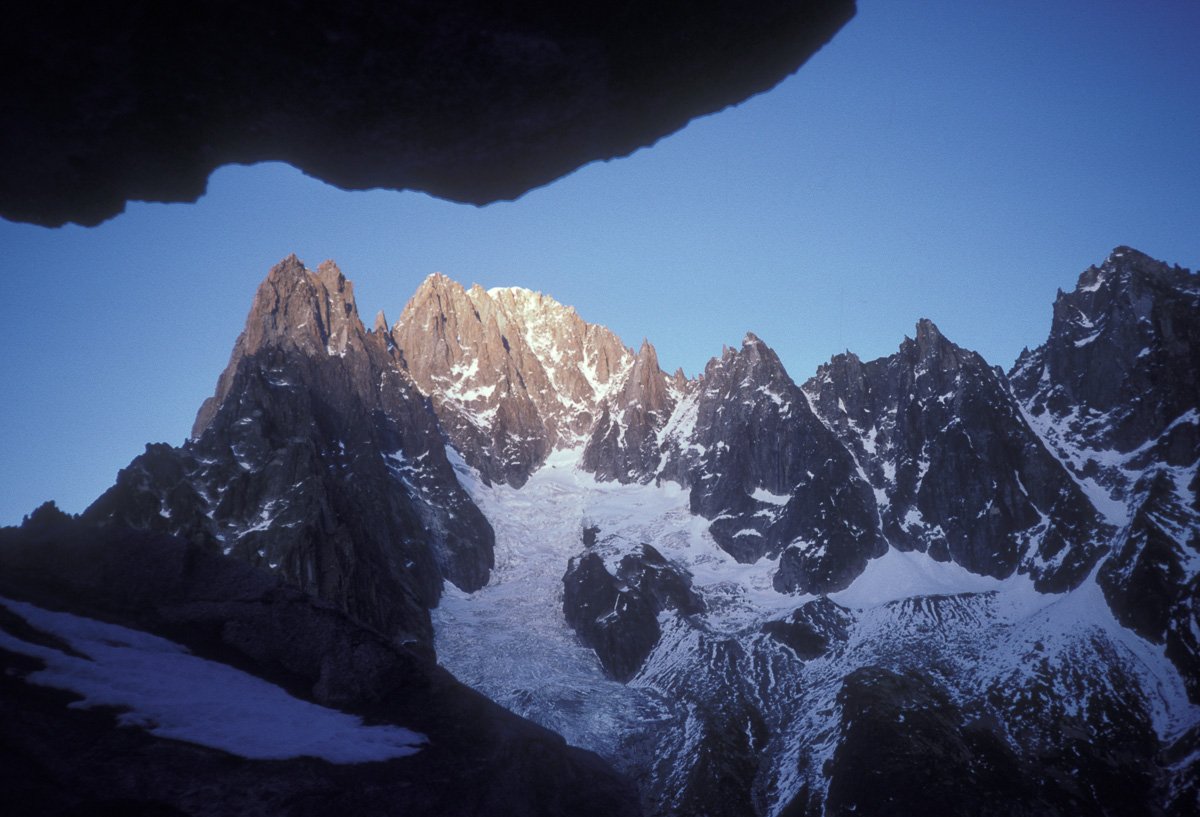 View from a cave below the Grands Charmoz, Chamonix