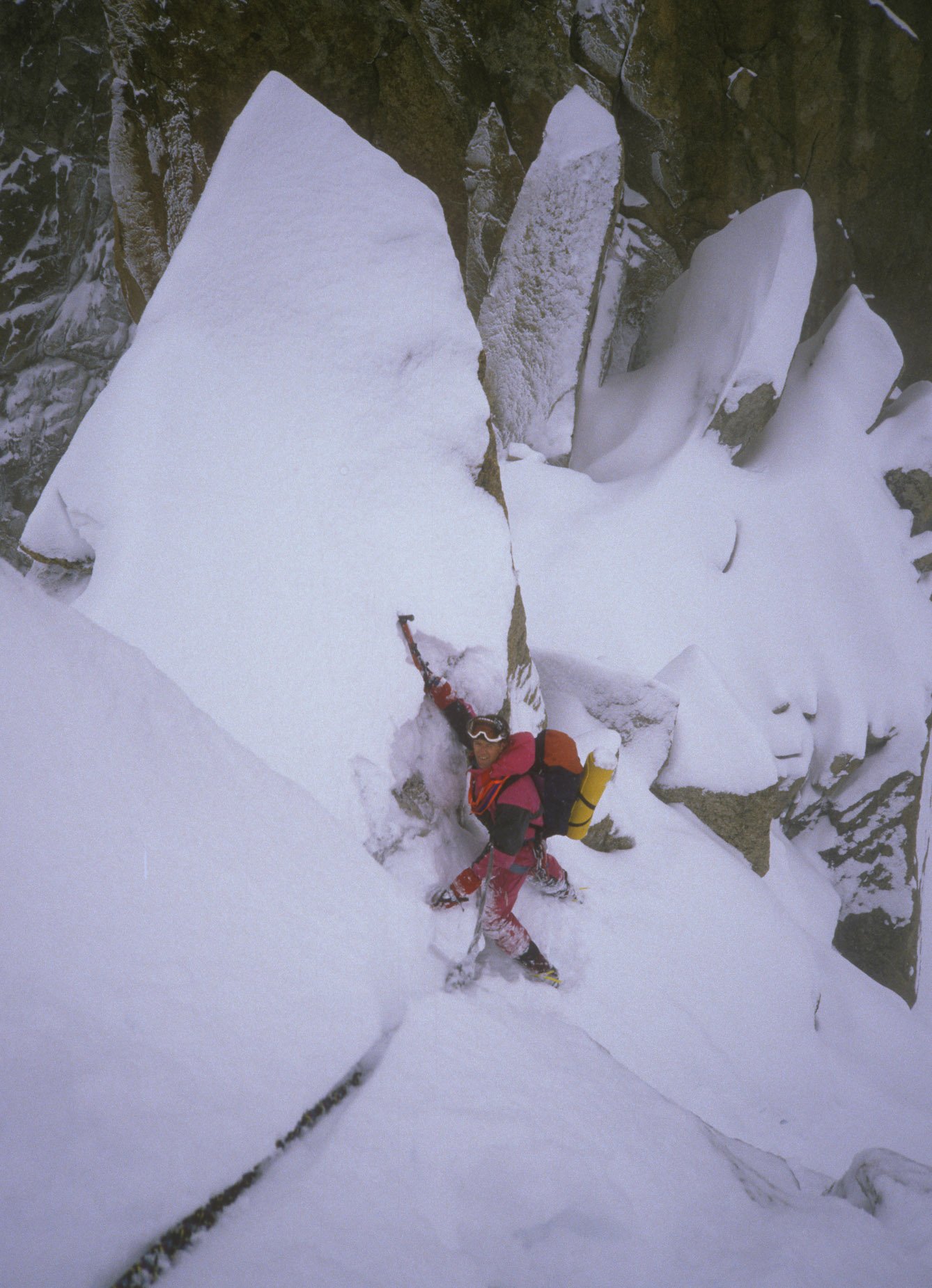 December 1988: On the Arete des Cosmiques, which can be quite trying in the wrong conditions. Anne Smith and I went up to climb something else but there was simply too much snow. To prove it to ourselves we climbed back to the cable car instead of hi
