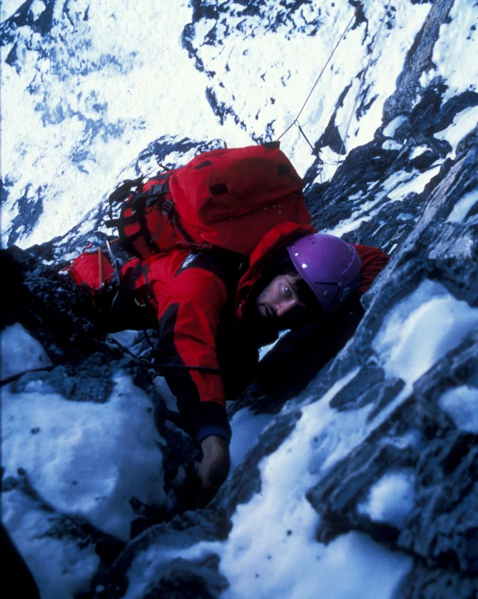 July 1985: Following the crack above the Brittle Ledges on the north face of the Eiger. To quote Dougal Haston, “nothing harder than 5.7 says the man who has never been there.” It seemed hard at the time but both the pack and my discomfort (aka fear)