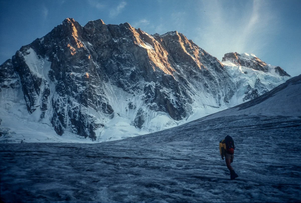 Alan Bradley approaching the north face of the Grandes Jorasses in August 1985. It was too warm to try The Shroud but it was what we wanted to do (I'd done the Walker Spur earlier in the summer). We had a false start and chopped a ledge to wait for t