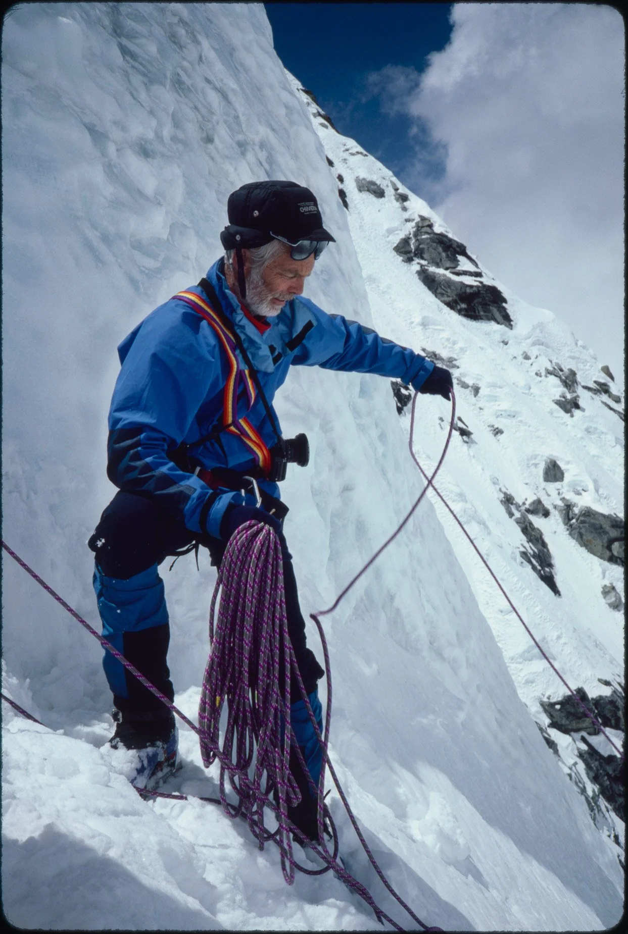 April 1986: Tom Frost on the northwest ridge of Kangtega. He was a big influence on my path of photography, his images from Yosemite were very strong and watching him work during this expedition instilled in me that I must always have a camera with m