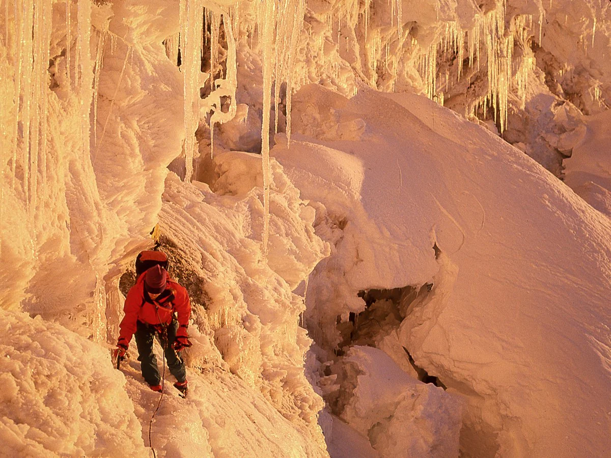 1989: Anne Smith navigating the bergschrund below the Col de la Fourche. I wanted to do the Cretier Route on the east face of Mont Maudit but the ‘schrund beneath it was impassable – or maybe that was just an excuse – so we escaped via the Gabarrou-S
