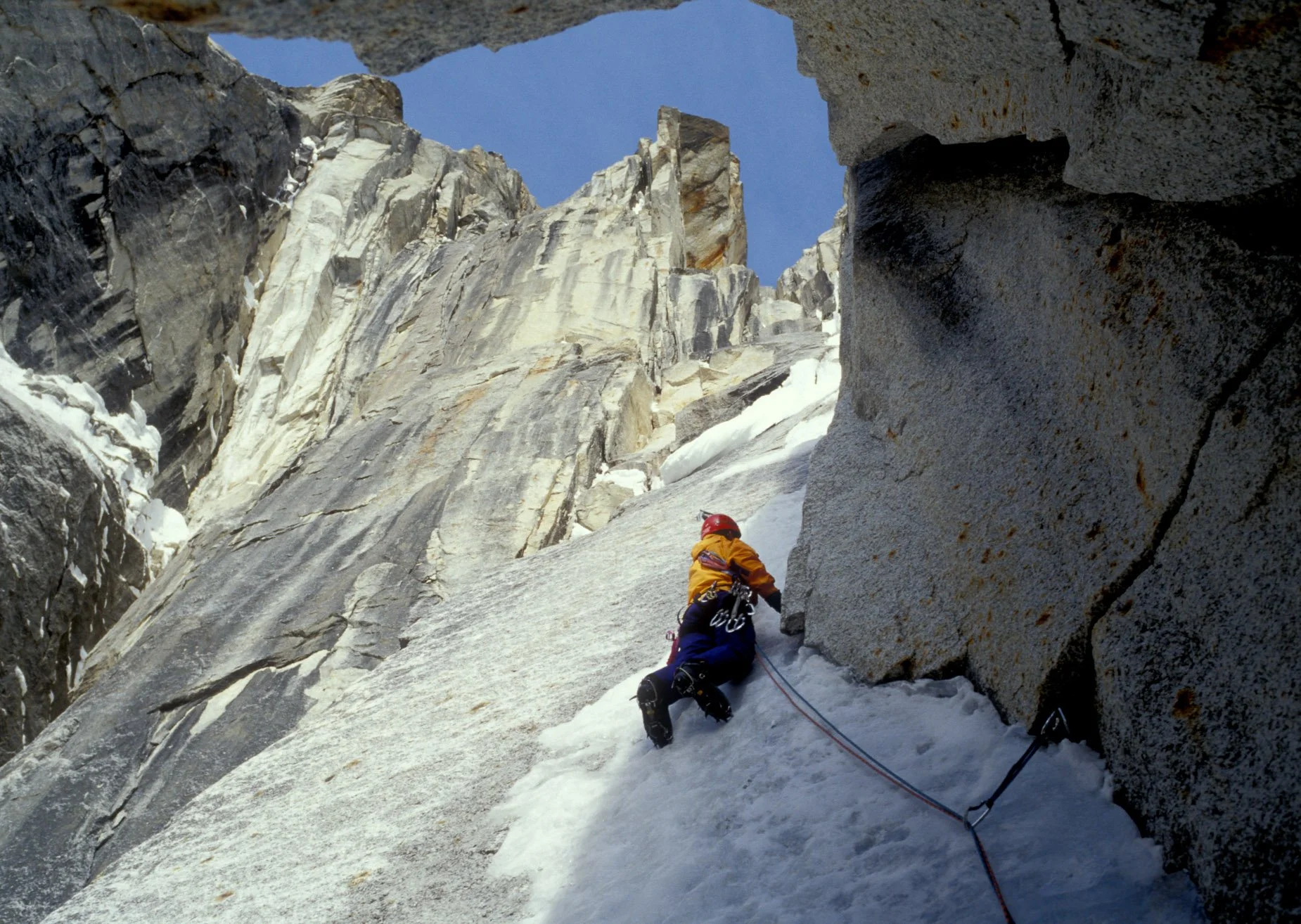 March 1998: Steve House leading the 11th pitch of "The Gift (That Keeps on Giving)" on Mount Bradley ... warm enough in the sun that the ice was gone the following day.